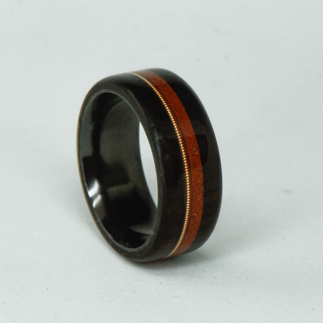 SALE RING - Black Zirconium, Blackwood, Guitar String, & Red Opal - Size 7