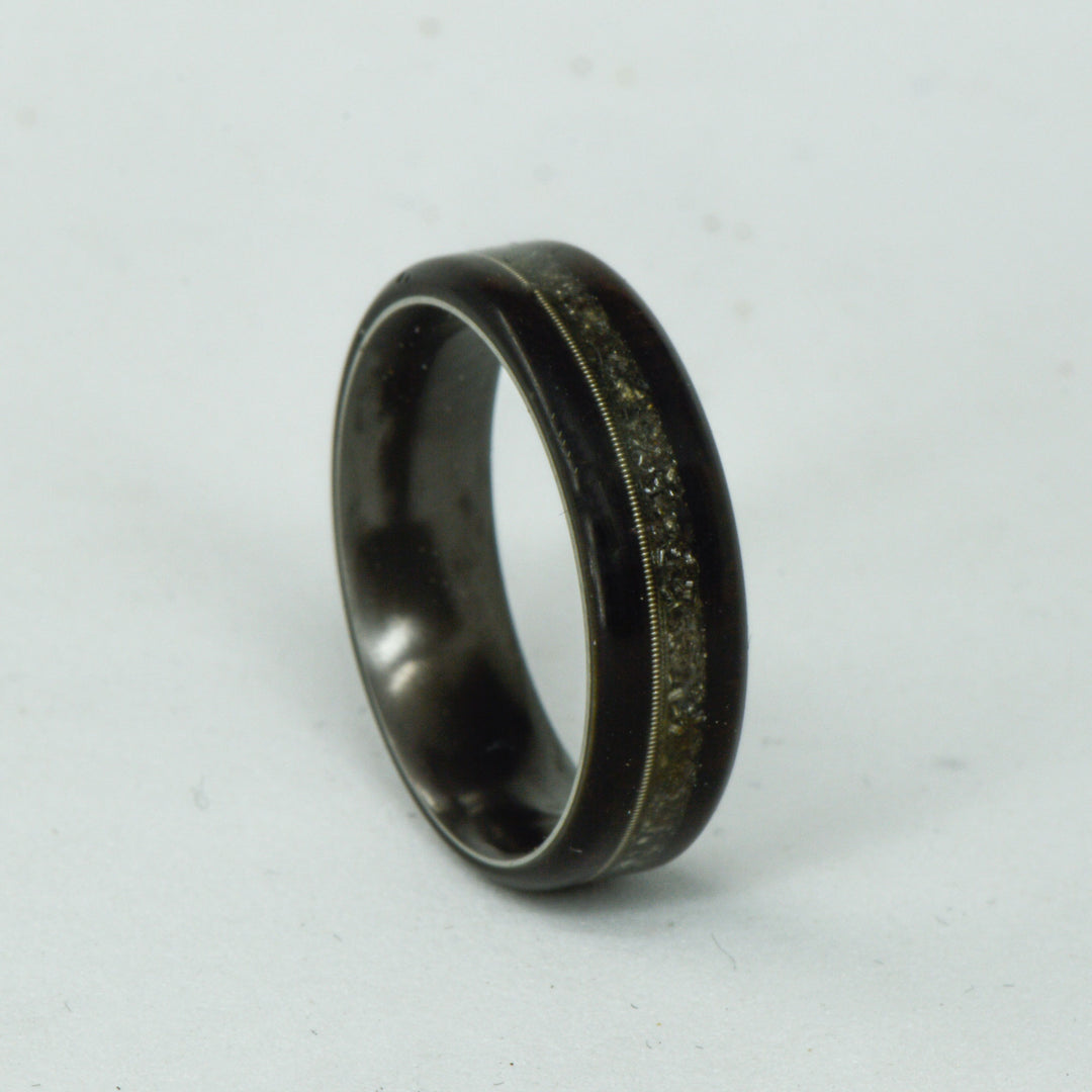SALE RING - Black Zirconium, Blackwood, Guitar Strings, & Meteorite - Size 7.5