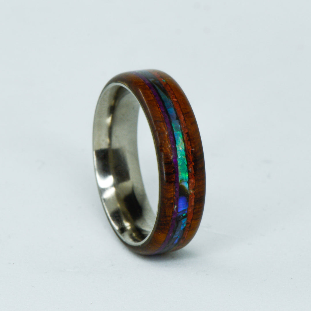 SALE RING - Titanium, Ironwood, Red Opal, Sugilite, & Abalone Shell - Size 6.25