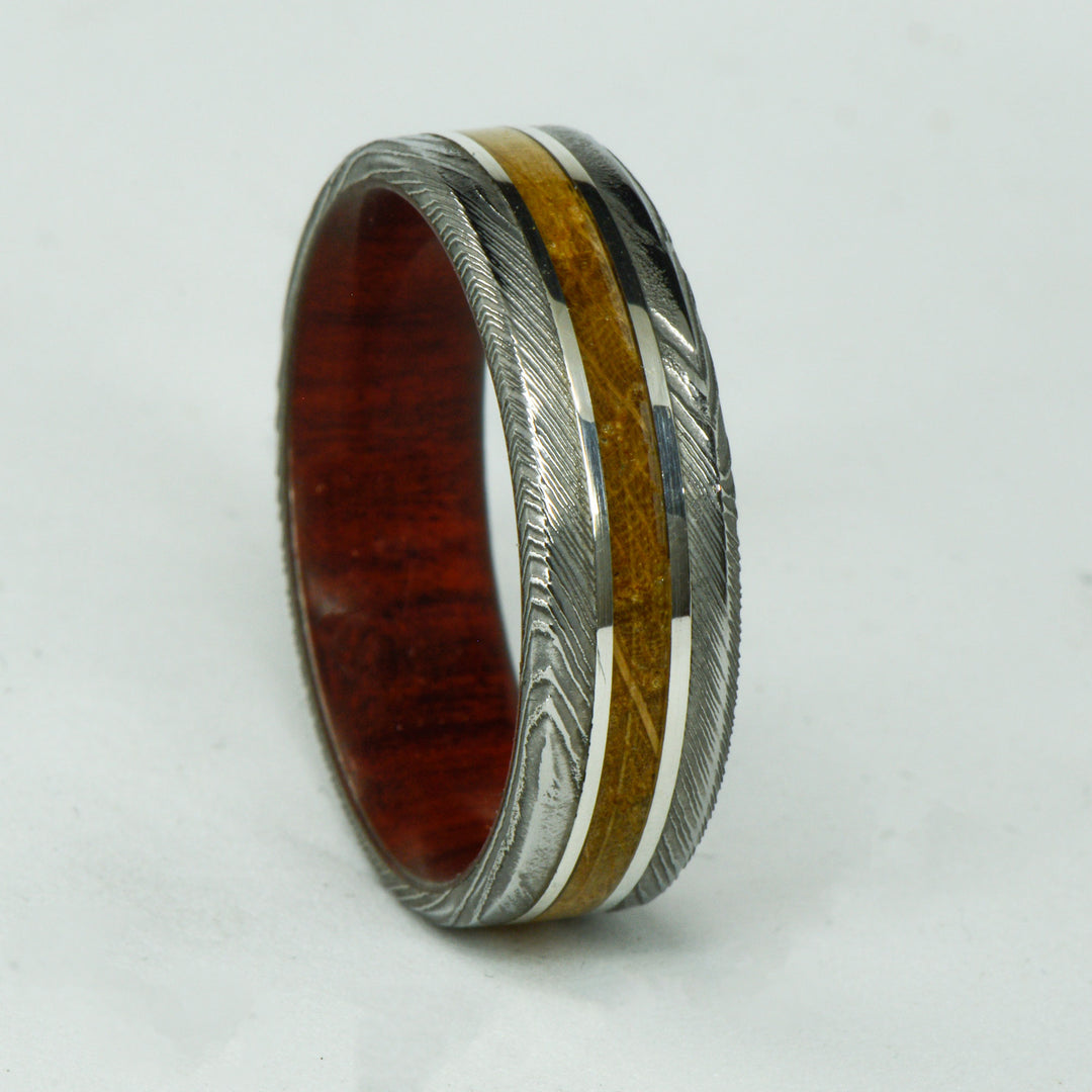 SALE RING - Polished Damascus Steel, Silver, Whiskey Barrel Wood, & Bloodwood - Size 13