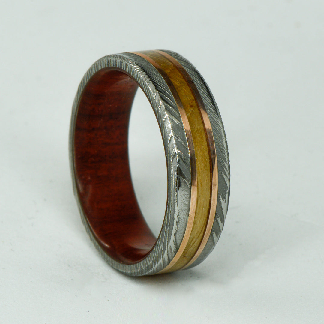 SALE RING - Polished Damascus Steel, Rose Gold, Whiskey Barrel Wood, & Bloodwood - Size 11.5