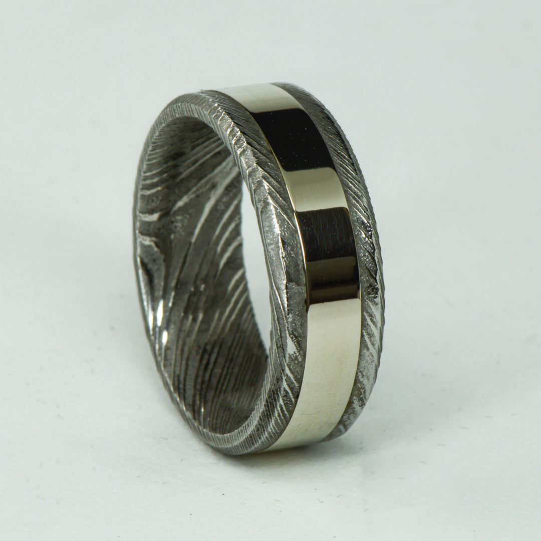 SALE RING - Polished Damascus Steel & White Gold - Size 11.5