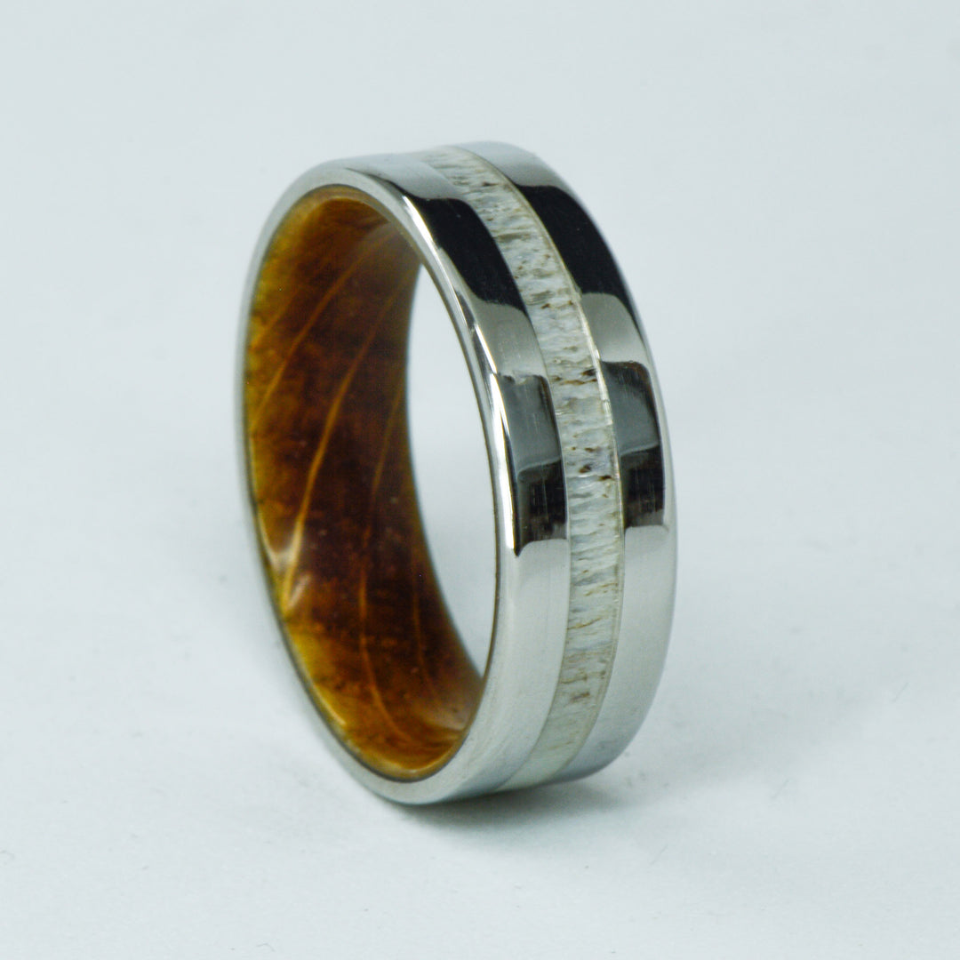 SALE RING - Silver, Whiskey Barrel Wood, & Antler - Size 11.75
