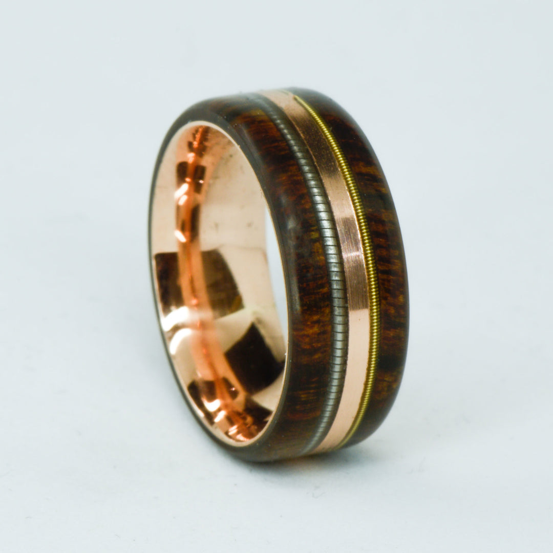 SALE RING - Rose Gold, Koa Wood, Cello String, & Guitar String - Size 6.25