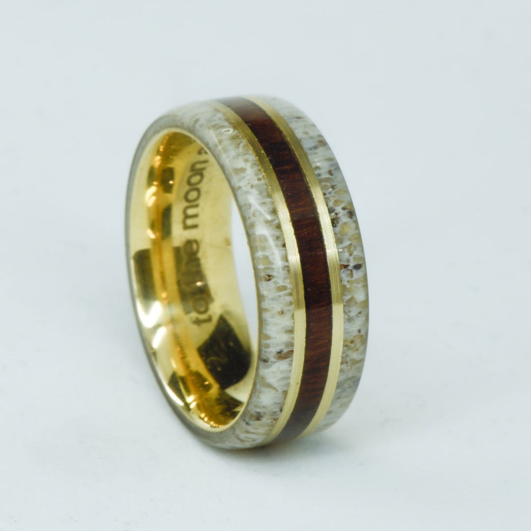 SALE RING - Yellow Gold, Antler, & Koa Wood - Size 9.25