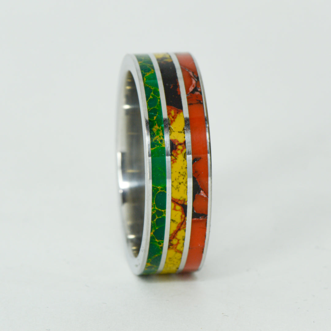 SALE RING - Stainless Steel, Arizona Jade, Red and Yellow Dinosaur Bone - Size 14.25