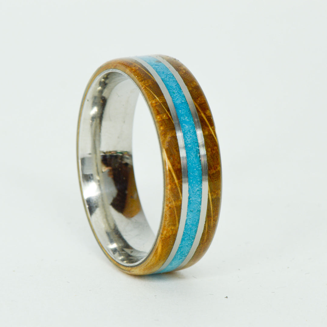 SALE RING - Stainless Steel, Turquoise, Whiskey Barrel Wood - Size 14