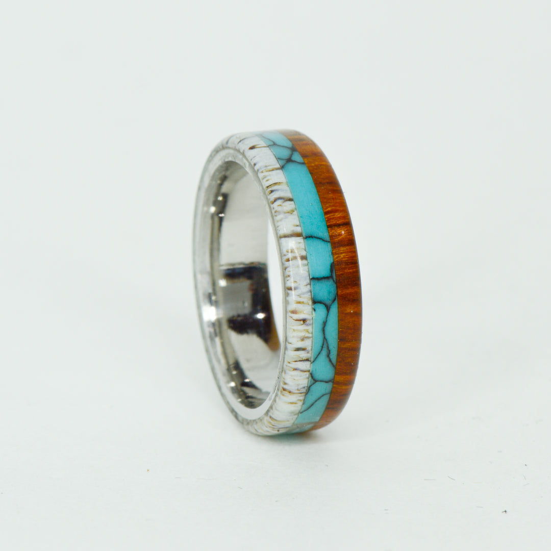 SALE RING - Stainless Steel, Antler, Turquoise, & Ironwood - Size 8.75