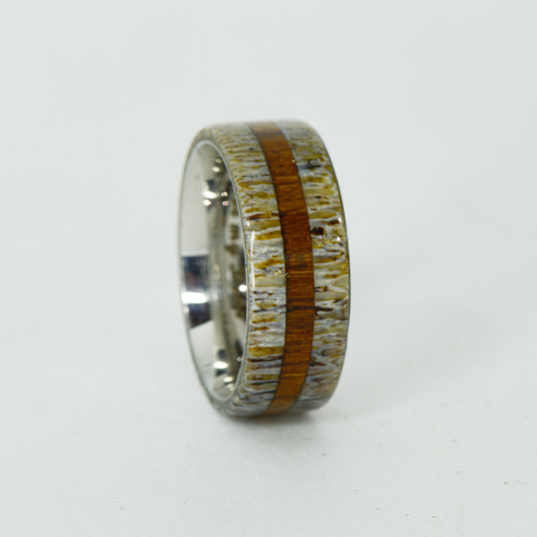 SALE RING - Titanium, Antler, Teak Wood - Size 7.25