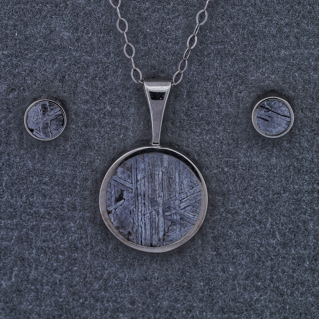 Etched Muonionalusta Meteorite Pendant and/or Stud Earring Set