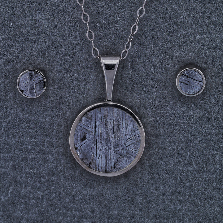 Etched Muonionalusta Meteorite Pendant and/or Stud Earring Set