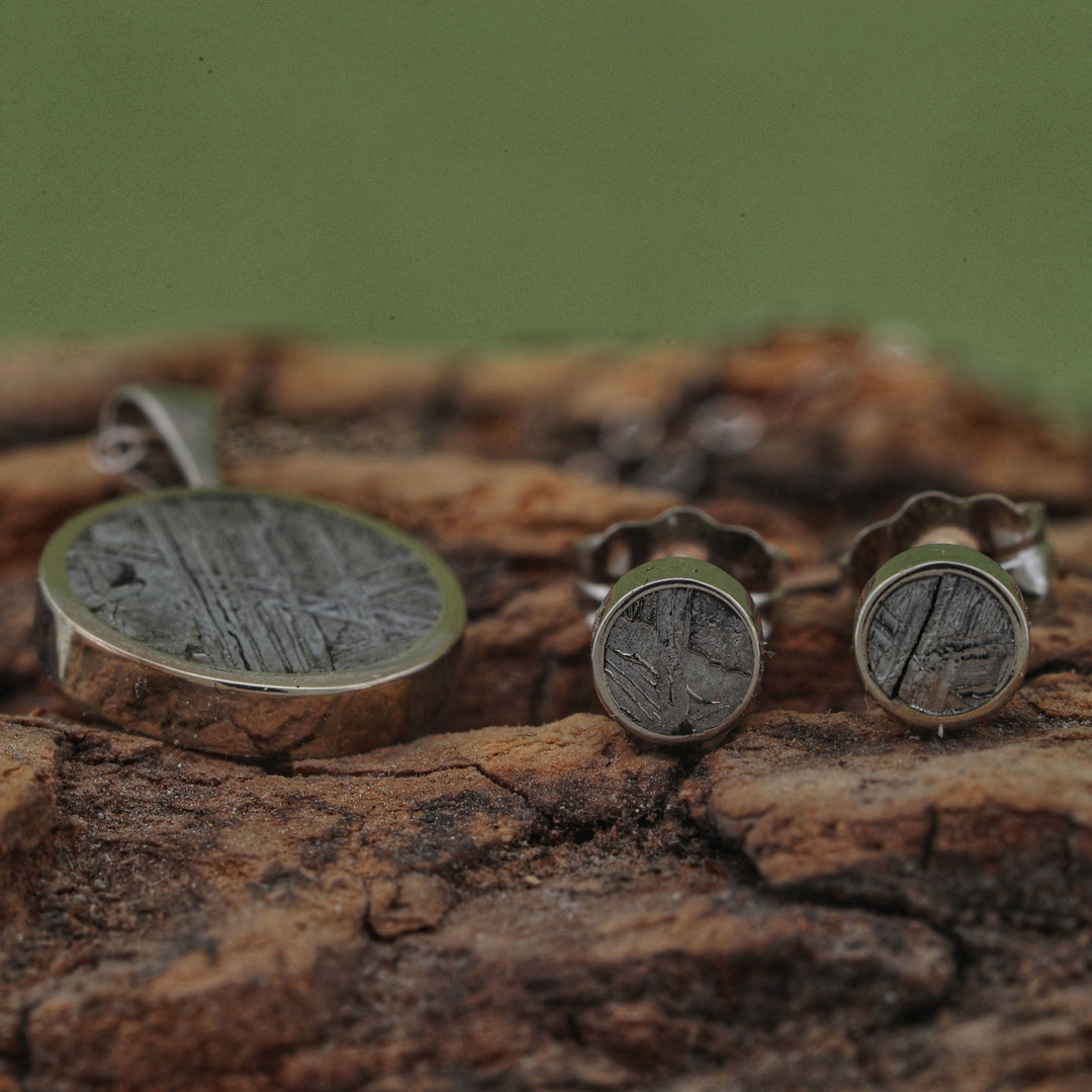 Etched Muonionalusta Meteorite Pendant and/or Stud Earring Set