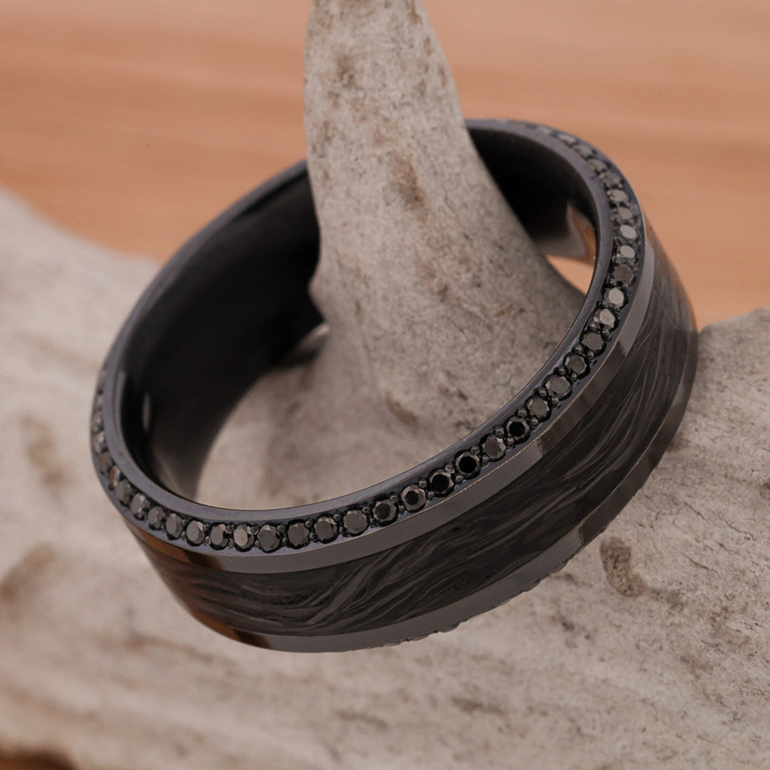 Black Zirconium with Forged Carbon Fiber and Black Diamond Pave Settings, French Cut Band