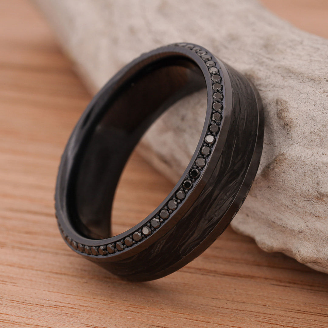 Black Zirconium with Forged Carbon Fiber and Black Diamond Pave Settings, French Cut Band