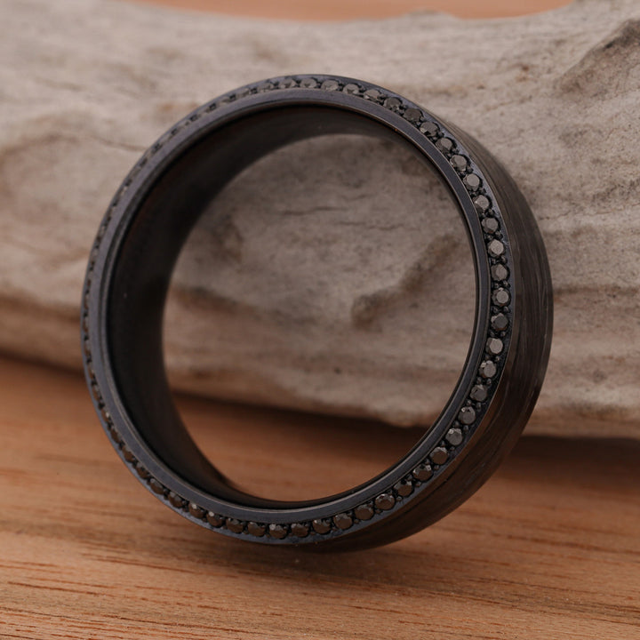 Black Zirconium with Forged Carbon Fiber and Black Diamond Pave Settings, French Cut Band