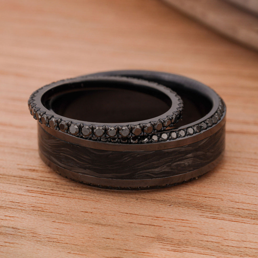 Black Zirconium with Forged Carbon Fiber and Black Diamond Pave Settings, French Cut Band