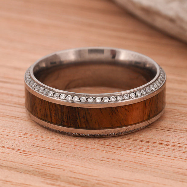 Gold Band with Ironwood and Diamond Pave Settings