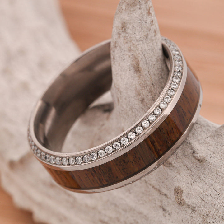 Gold Band with Ironwood and Diamond Pave Settings