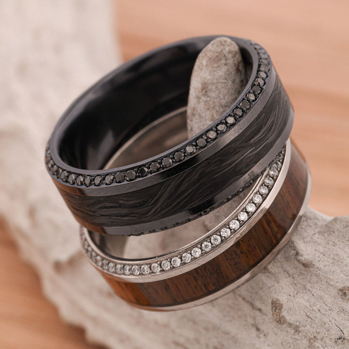 Gold Band with Ironwood and Diamond Pave Settings