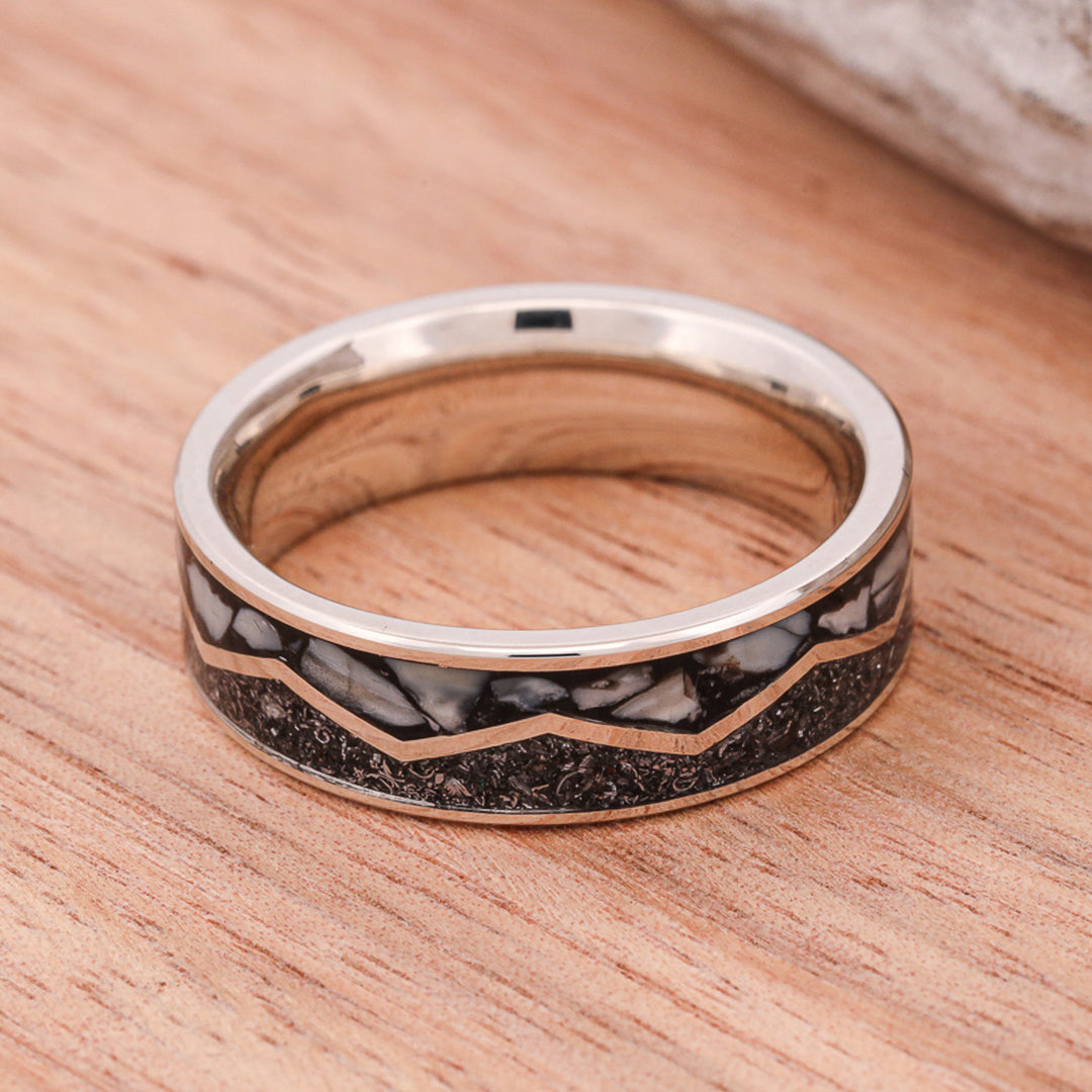 Double Channel Zig Zag Ring with Meteorite and Elk Ivory Inlays