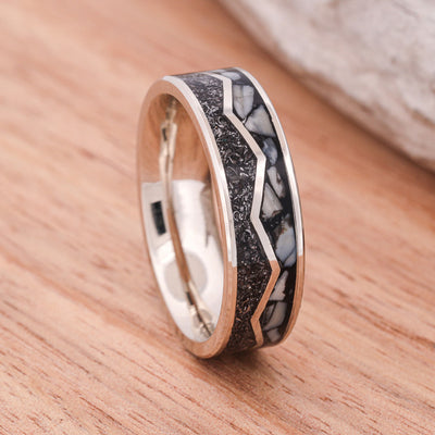 Double Channel Zig Zag Ring with Meteorite and Elk Ivory Inlays