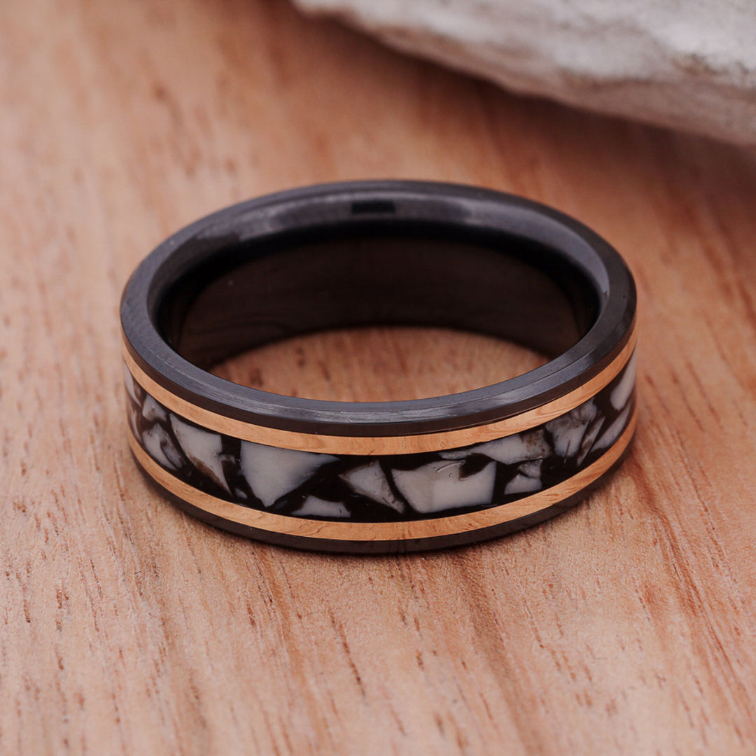 Black Zirconium, Crushed Elk Ivory, Yellow Gold Inlays in Tungsten or Ceramic Channel