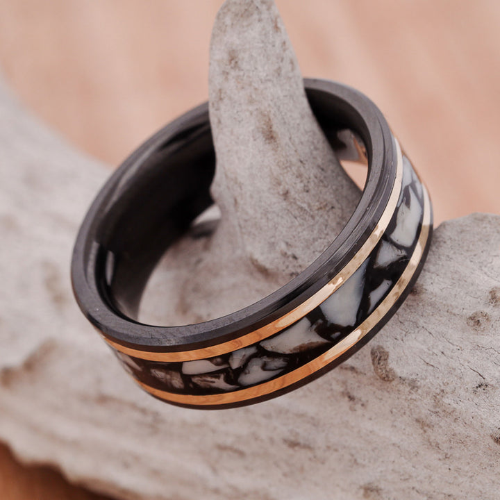 Black Zirconium, Crushed Elk Ivory, Yellow Gold Inlays in Tungsten or Ceramic Channel