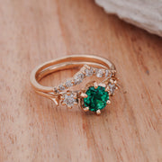 Emerald Solitaire Ring with Diamond with V-Ring Stacker