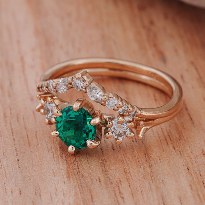 Emerald Solitaire Ring with Diamonds and V-Ring Stacker, & Elk Ivory, Malachite