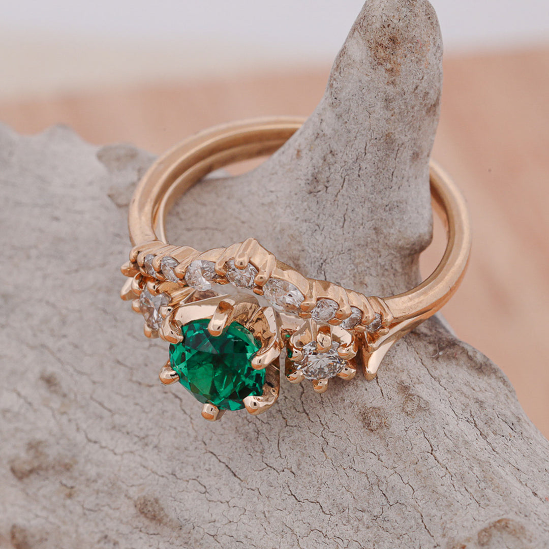 Emerald Solitaire Ring with Diamonds and V-Ring Stacker, & Elk Ivory, Malachite