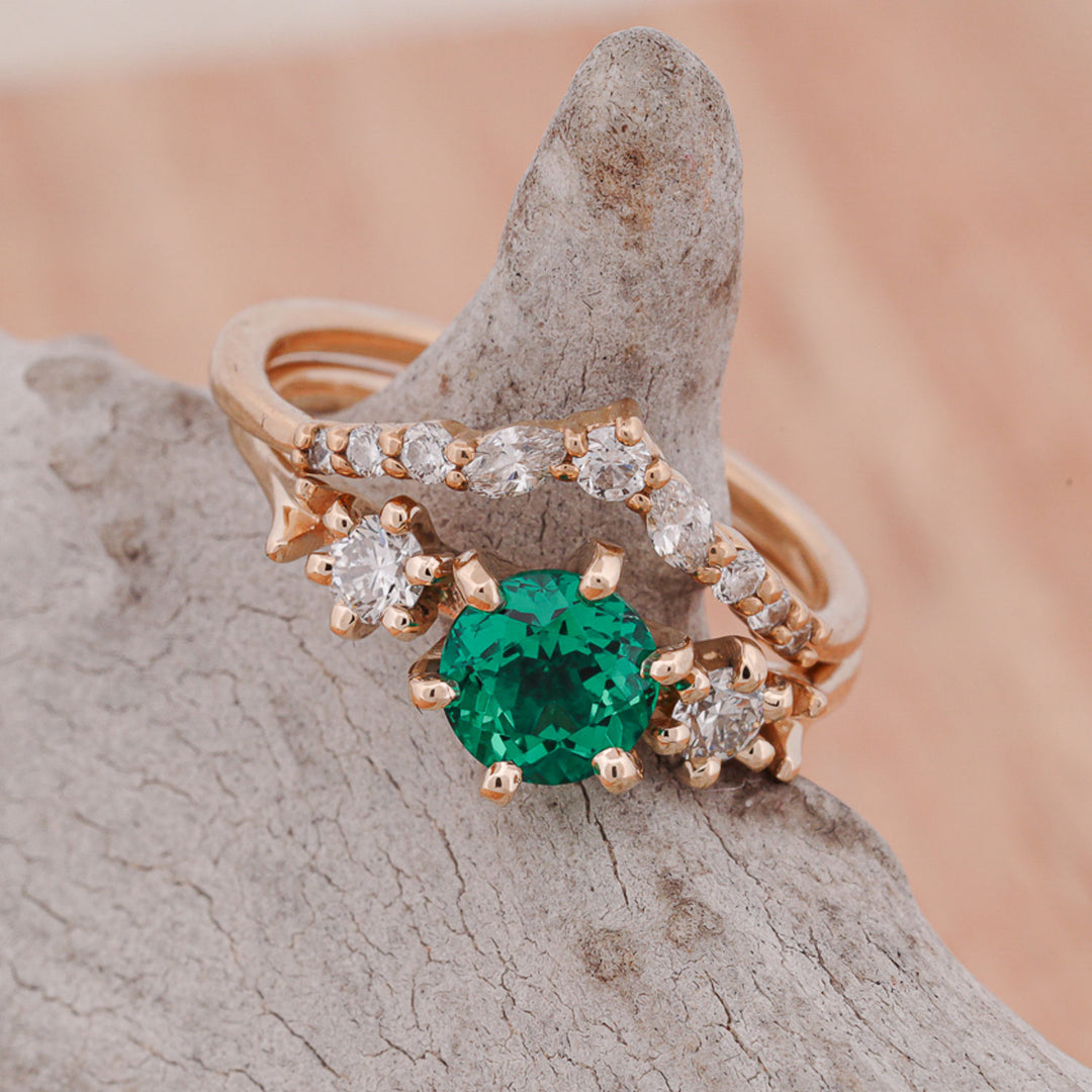 Emerald Solitaire Ring with Diamonds and V-Ring Stacker, & Elk Ivory, Malachite