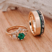 Emerald Solitaire Ring with Diamonds and V-Ring Stacker, & Elk Ivory, Malachite