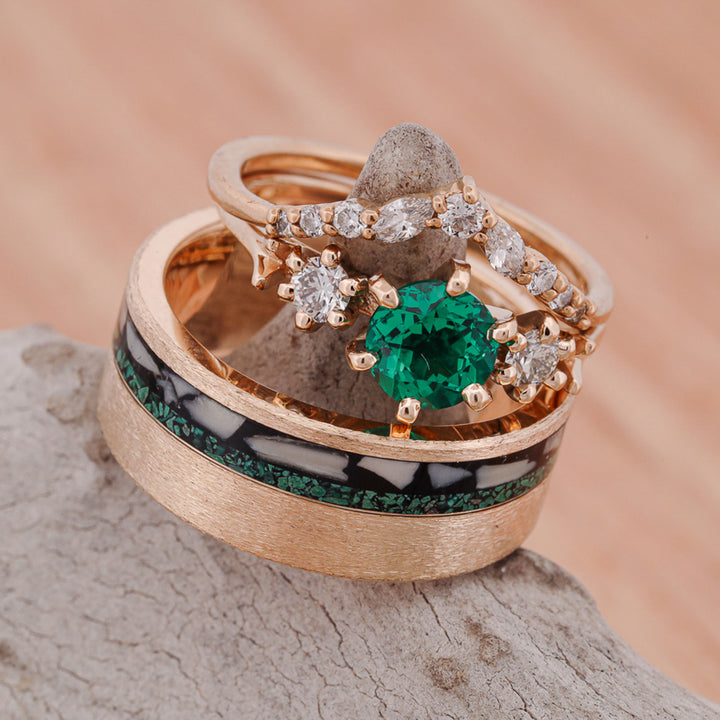 Emerald Solitaire Ring with Diamonds and V-Ring Stacker, & Elk Ivory, Malachite