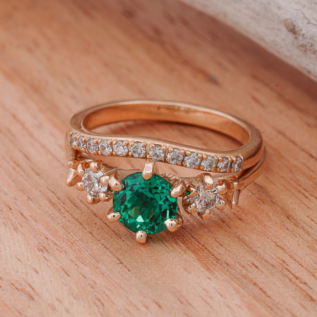 Emerald Solitaire Ring with Diamond with Half Round Stacker