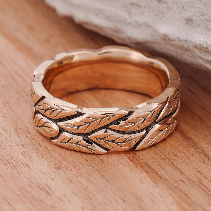 Gold or Silver Ring with Engraved Leaf Texture