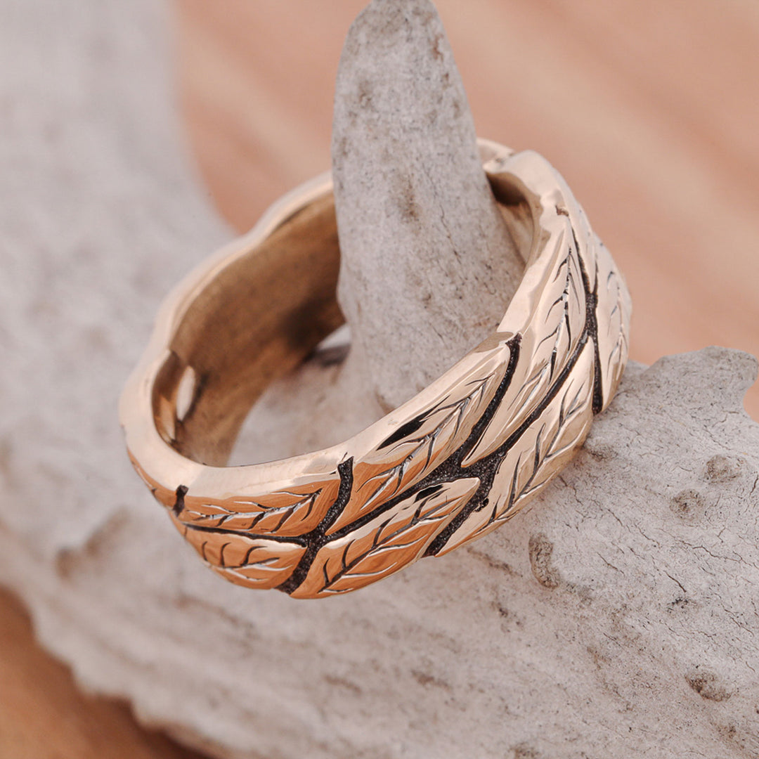 Gold or Silver Ring with Engraved Leaf Texture