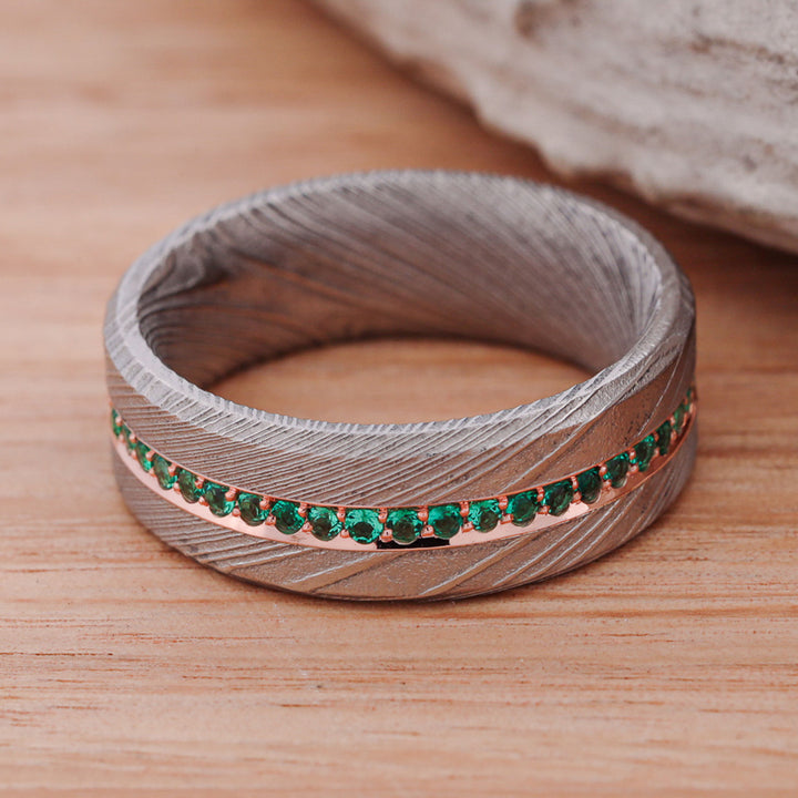 Polished Damascus Steel & Emerald Band