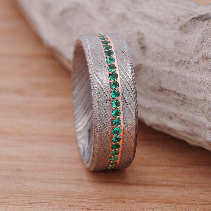 Polished Damascus Steel & Emerald Band