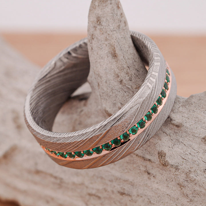 Polished Damascus Steel & Emerald Band