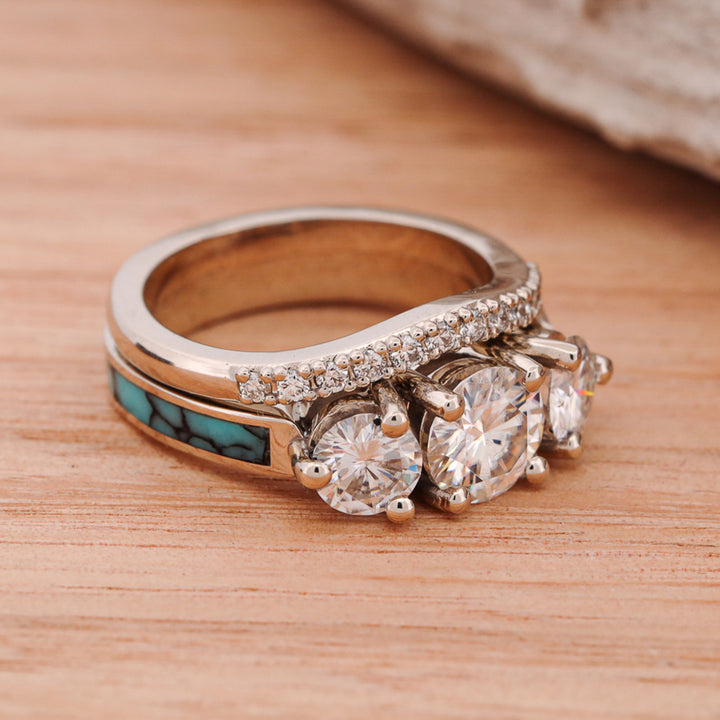 White Gold, 3 Diamonds, Turquoise, Stacking Band