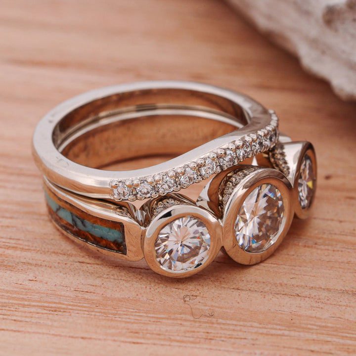 White Gold Bezel Set 3 Diamond Ring with Whiskey Barrel Wood & Turquoise with Stacking Band