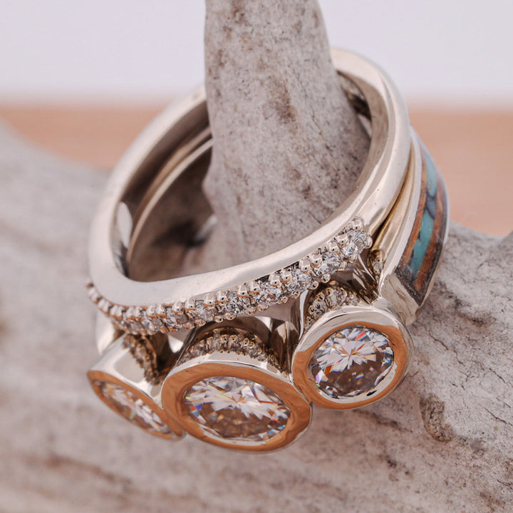 White Gold Bezel Set 3 Diamond Ring with Whiskey Barrel Wood & Turquoise with Stacking Band