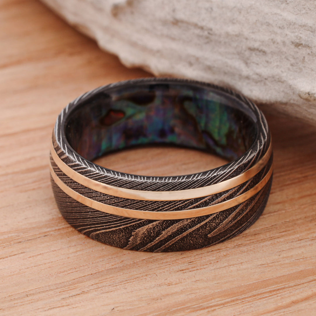 Dark Damascus Steel, Yellow Gold Pinstripes, & Abalone Sleeve