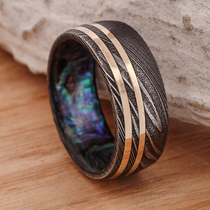 Dark Damascus Steel, Yellow Gold Pinstripes, & Abalone Sleeve