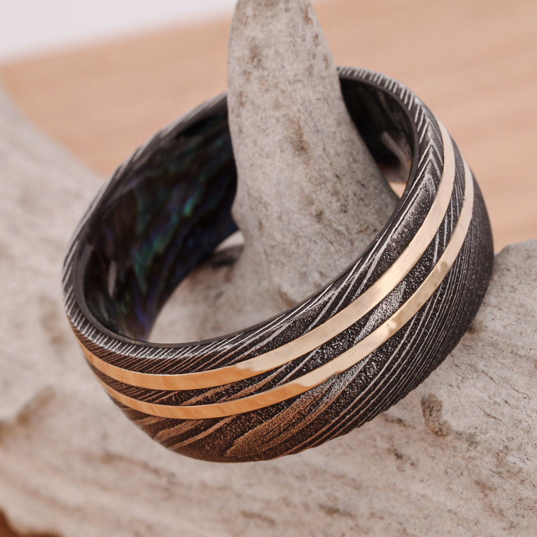 Dark Damascus Steel, Yellow Gold Pinstripes, & Abalone Sleeve