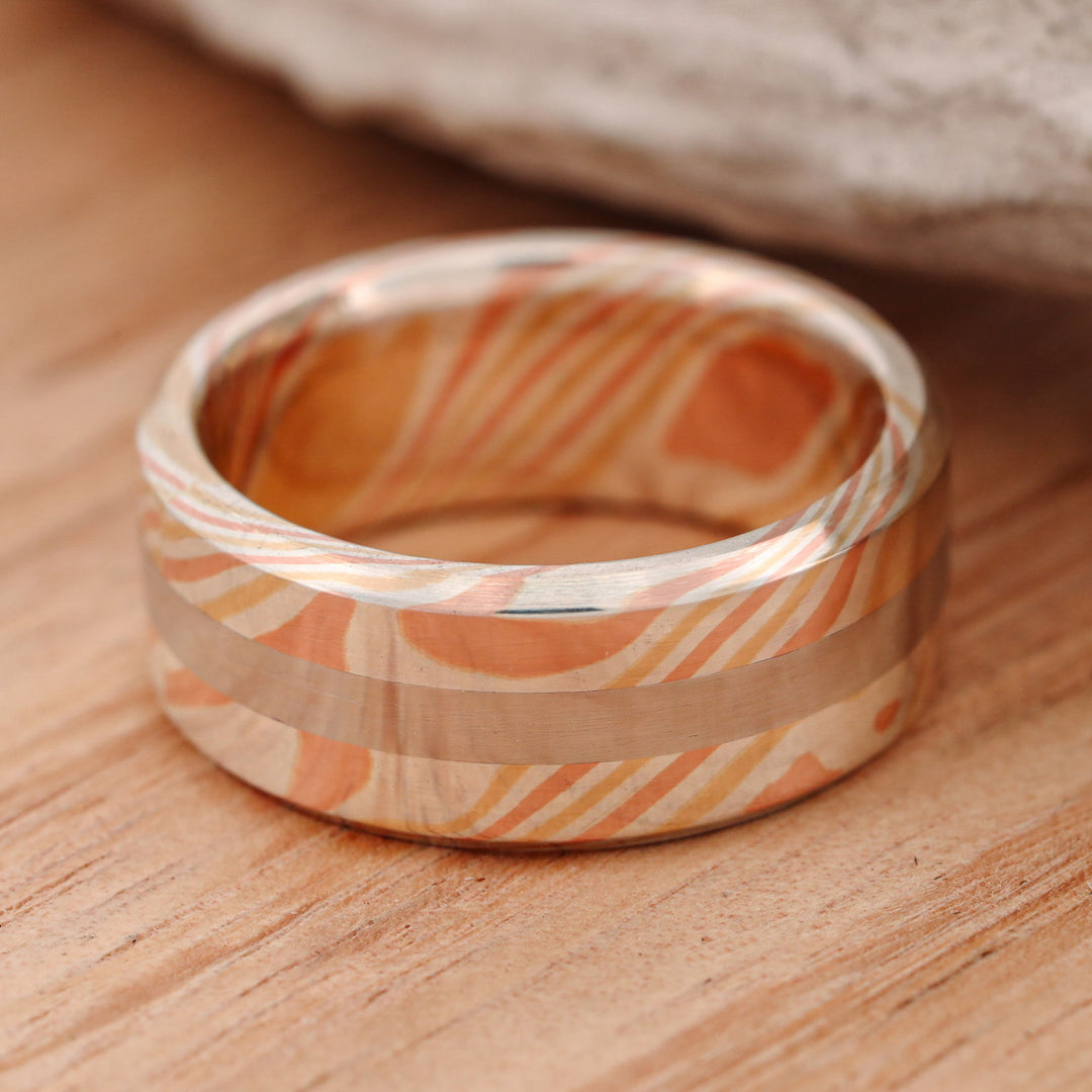 Matte Finish 14k Gold and Silver Mokume Gane, with Platinum Inlay, hand forged