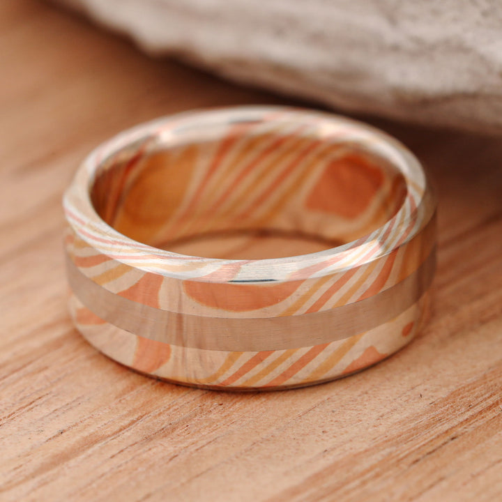 Matte Finish 14k Gold and Silver Mokume Gane, with Platinum Inlay, hand forged