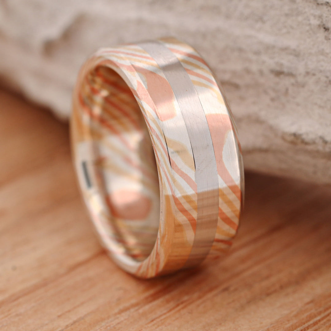 Matte Finish 14k Gold and Silver Mokume Gane, with Platinum Inlay, hand forged