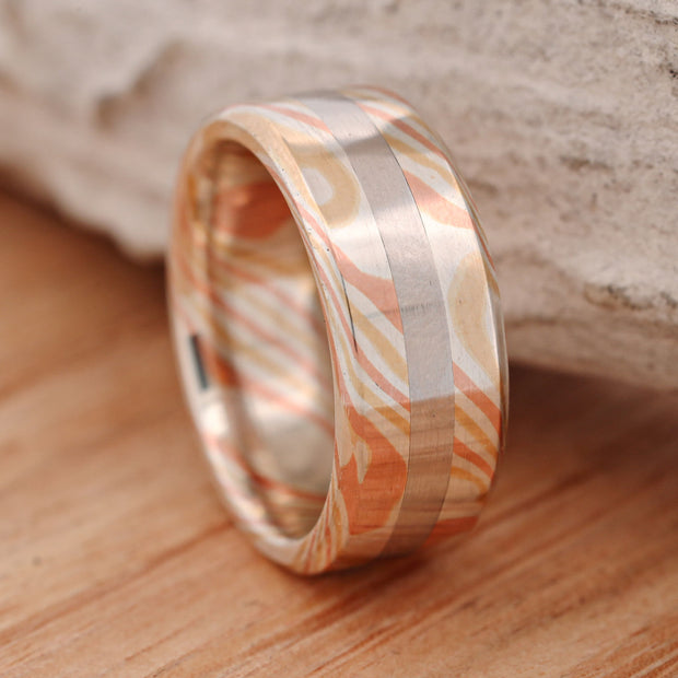 Matte Finish 14k Gold and Silver Mokume Gane, with Platinum Inlay, hand forged Set
