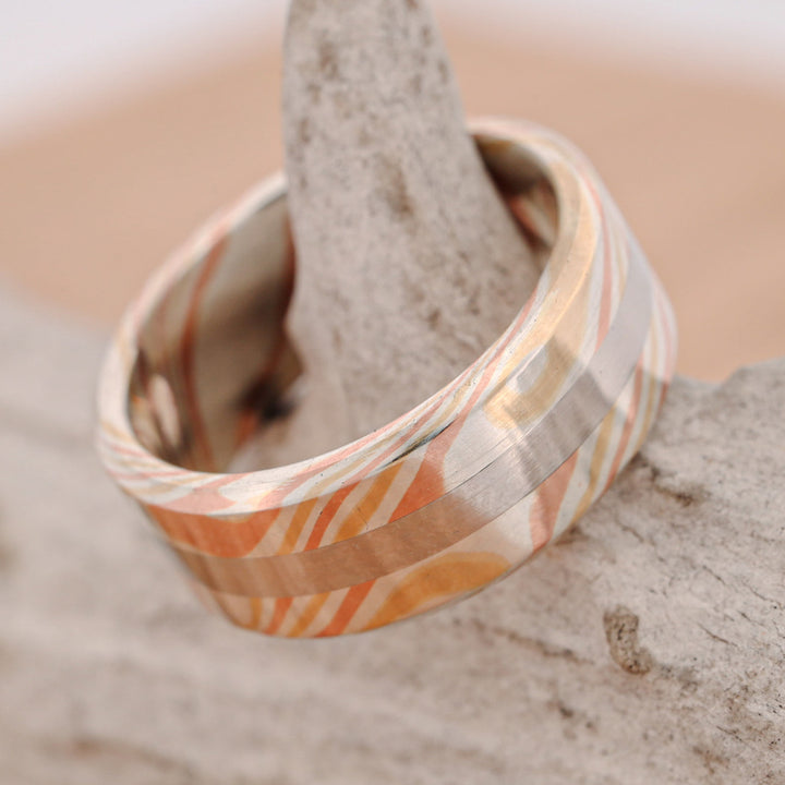 Matte Finish 14k Gold and Silver Mokume Gane, with Platinum Inlay, hand forged